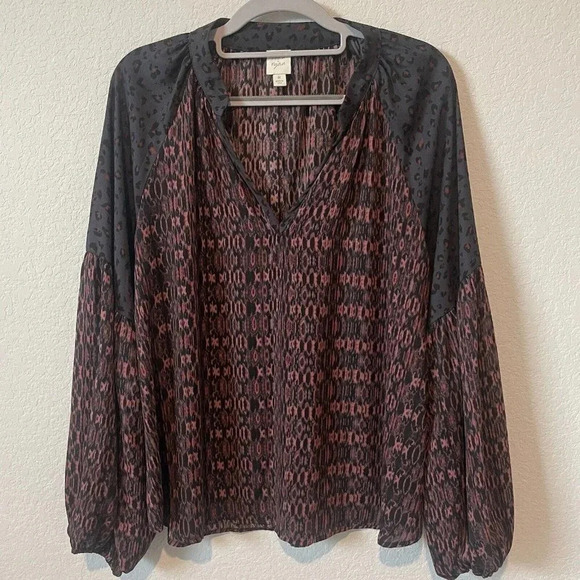 Roan + Ryan Annabelle V Neck Womens Blouse Size Large Animal Print Long Sleeve - Picture 3 of 12